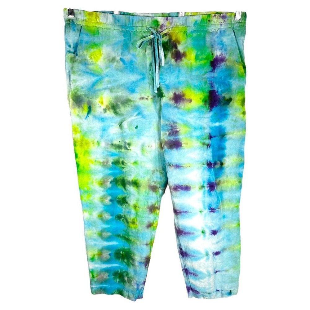HM XL‎ Pants Dreaming Blue Tie Dye Handmade Blue Green Linen Cropped Pockets 689